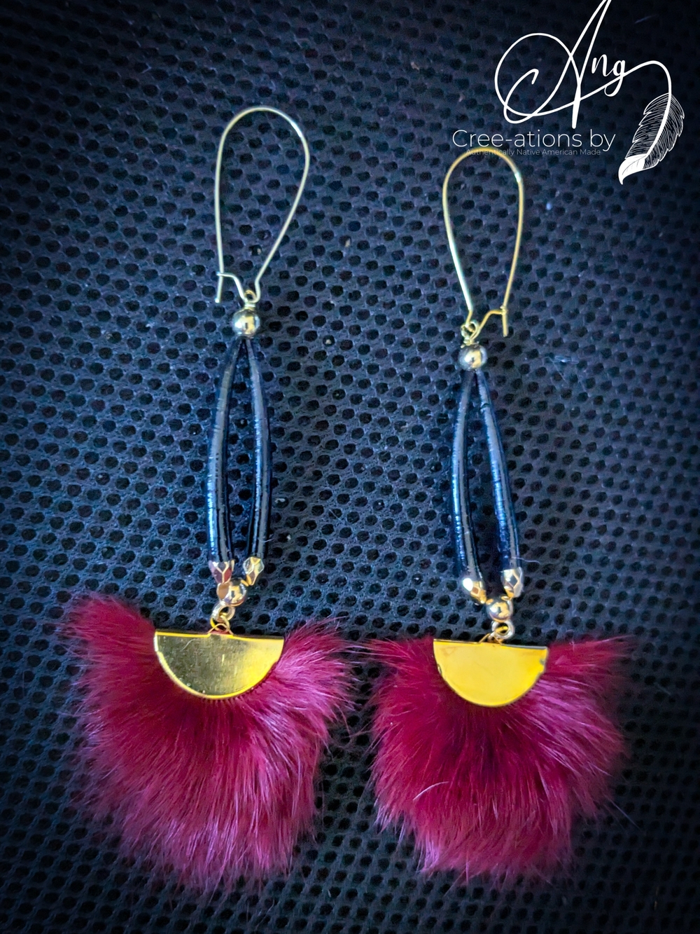 Elegant Gold Accent Burgundy Fur Statement Earrings With Black Dentalium Shells